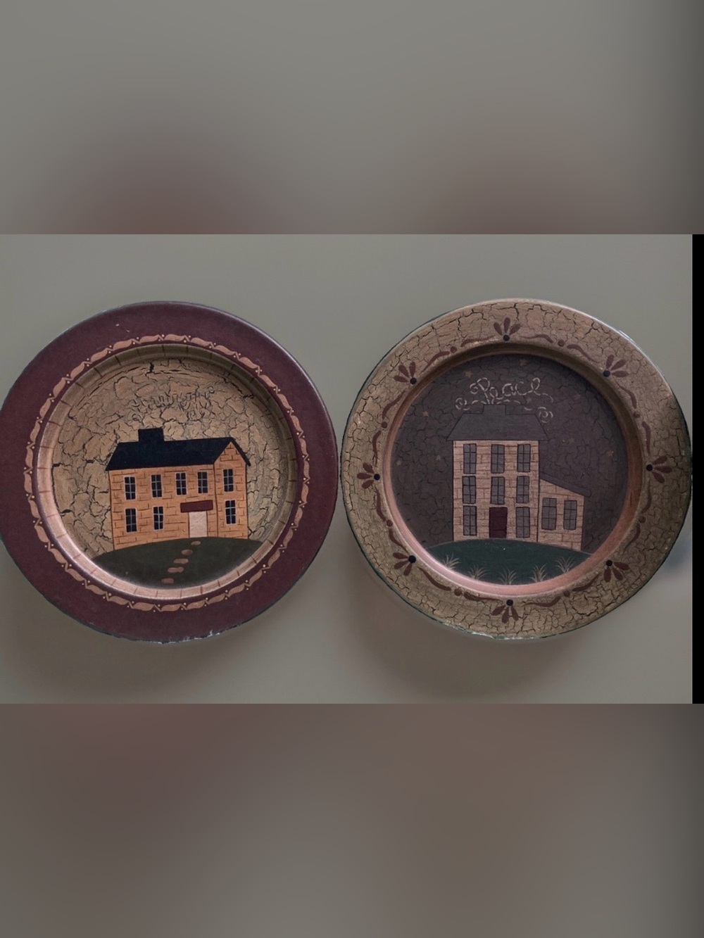 Two Scenes Of Old Wooden Houses Hand-painted Plates Wall Hangers 8 +Inches Round
